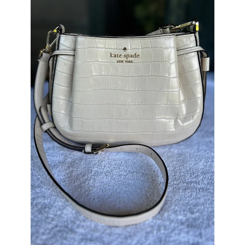 Kate Spade NY Dumpling Croc Embossed Leather Designer Crossbody Bag Bare Ivory